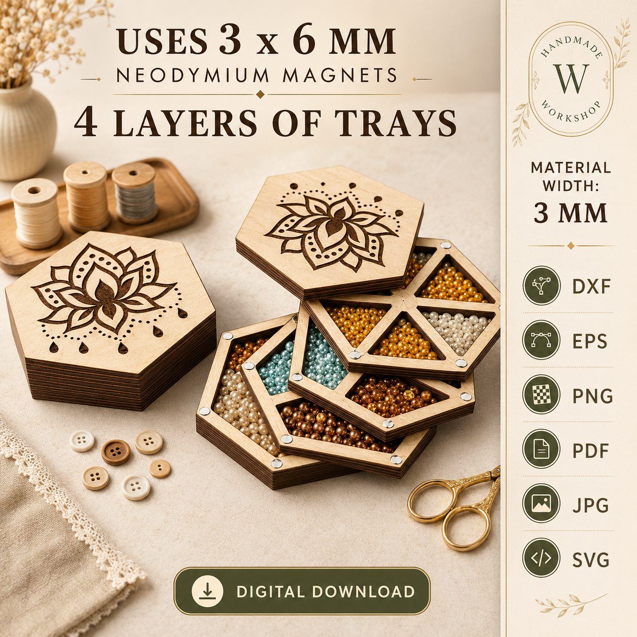 1 Layered Bead Organizer Laser Cut SVG, Wooden Bead Storage Box, Jewelry Craft Supply Holder, Glowforge DXF EPS PDF - Image 1