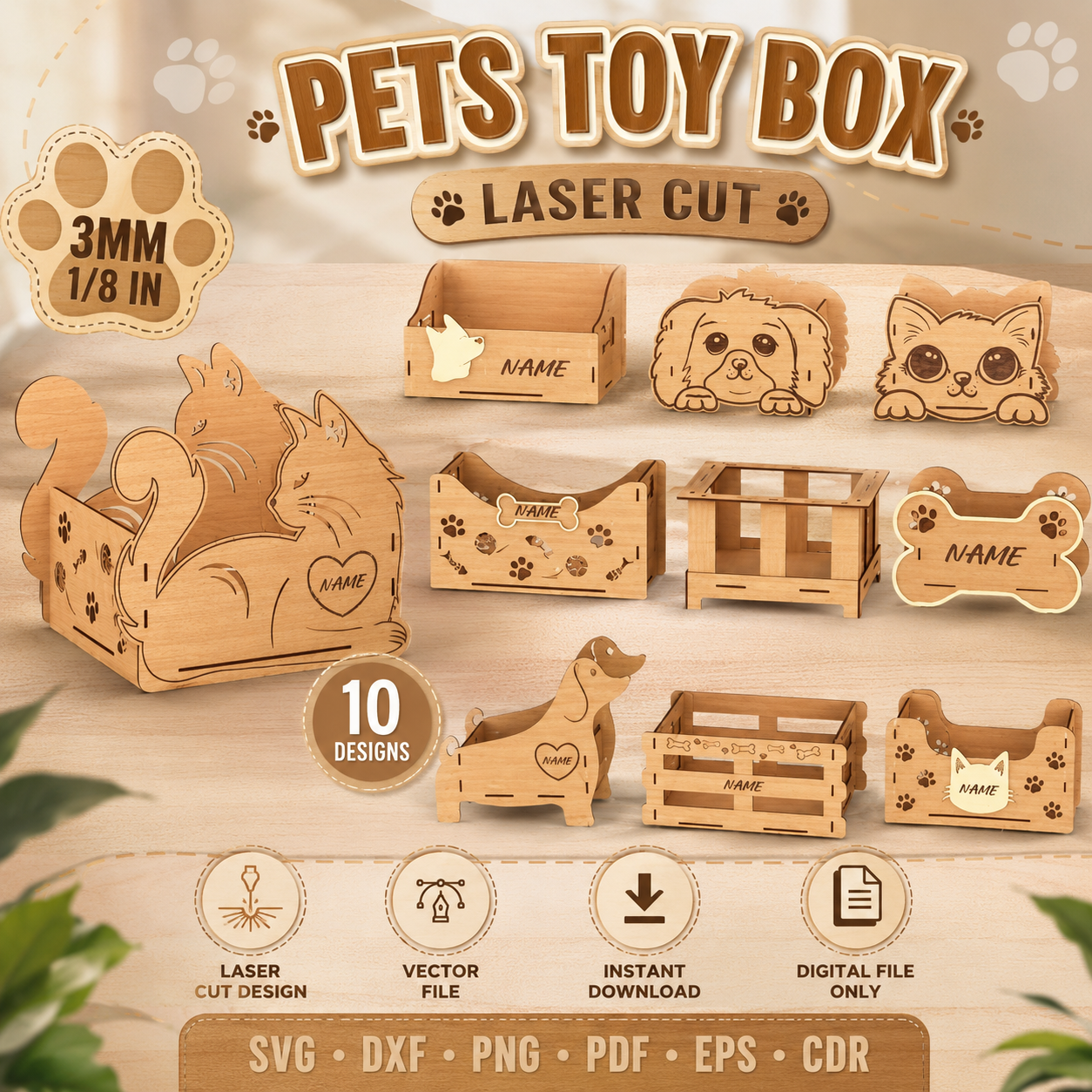 1 Pets Toy Box Laser Cut SVG Bundle | Dog Cat Toy Storage Box CNC Files | Wooden Pet Organizer DXF PDF EPS CDR PNG | Glowforge Ready Design - Image 1