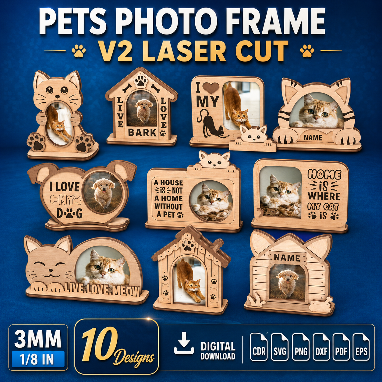 1 Pets Photo Frame Laser Cut SVG | Dog Cat Picture Frame CNC Files | Pet Memorial Photo Holder | Wooden Animal Frame Digital Download - Image 1