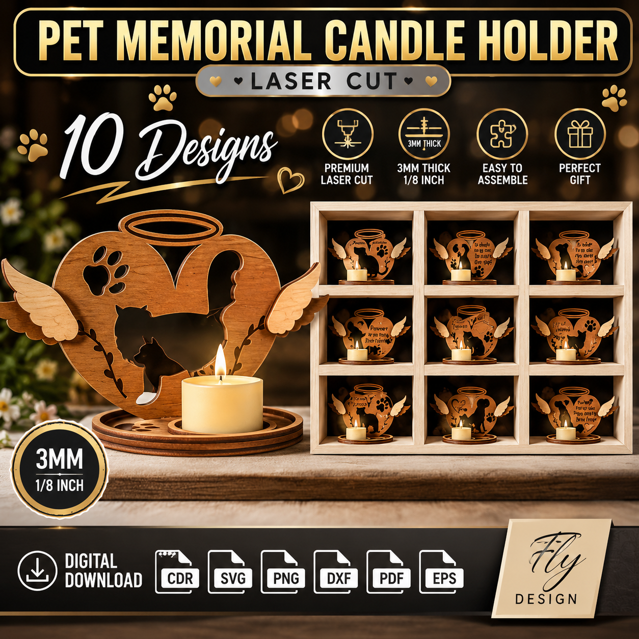 1 Pet Memorial Candle Holder Laser Cut File | Dog Cat Remembrance Lantern SVG | Personalized Pet Loss Gift | Wooden Sympathy Candle Holder CNC Template - Image 1