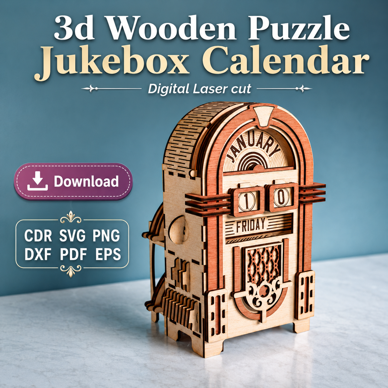 1 3D Wooden Puzzle Calendar SVG | Jukebox Laser Cut File | Digital Download - Image 1