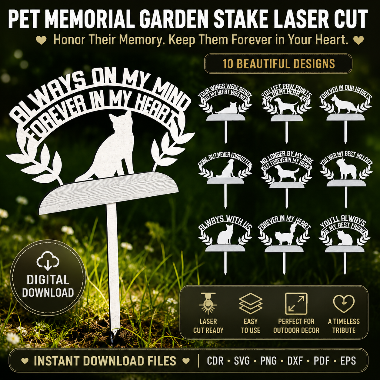 1 Pet Memorial Garden Stake Laser Cut File | Dog Cat Remembrance Yard Sign SVG | Personalized Pet Loss Grave Marker CNC Template | Angel Paw Memorial Decor - Image 1