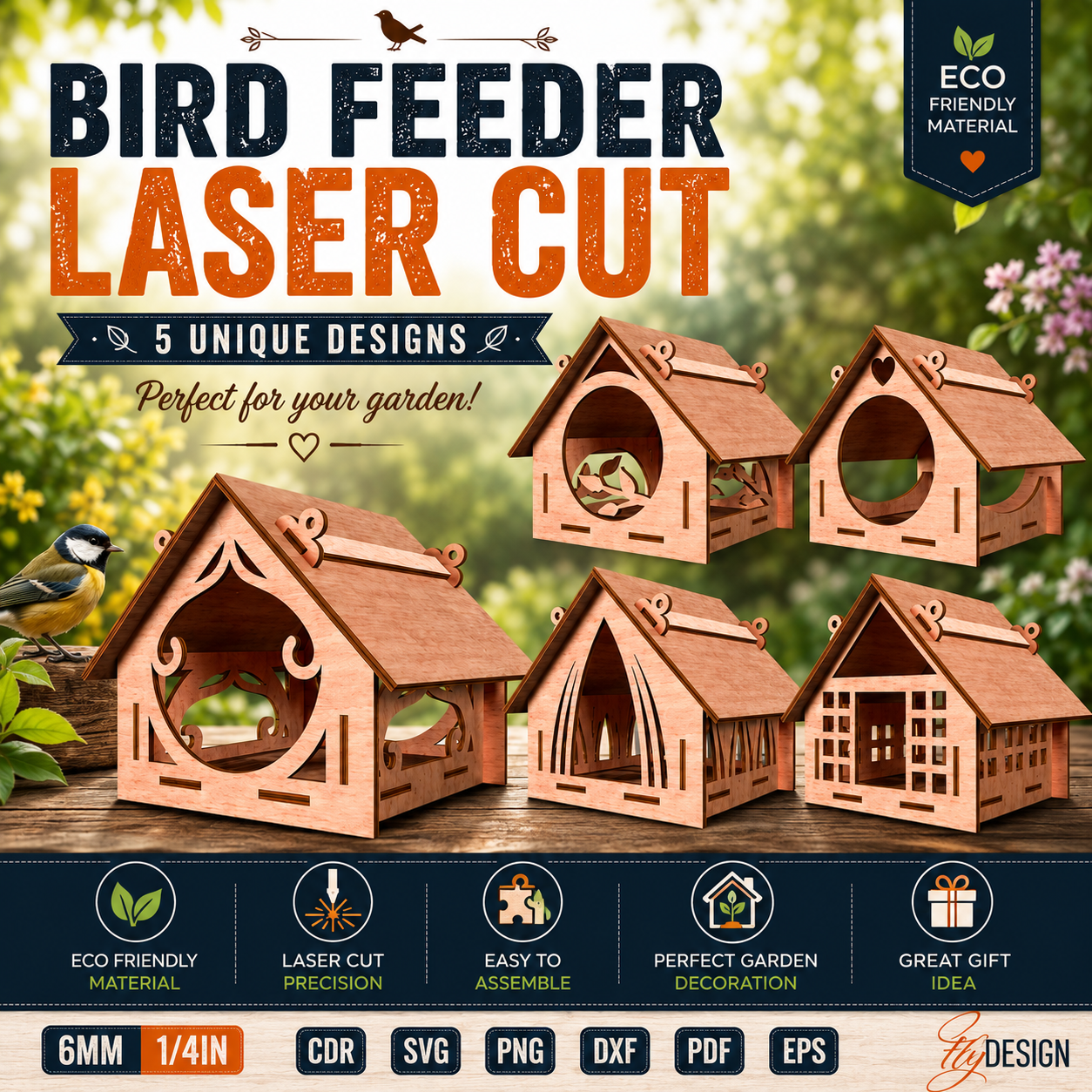 1 Bird Feeder Laser Cut File, Wooden Bird Feeder SVG, Garden Birdhouse CNC Template, Outdoor Bird Feeding Station DXF, DIY Plywood Feeder Plan - Image 1