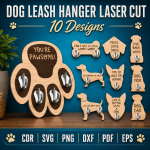 Dog Leash Hanger Laser Cut File | Pet Leash Holder SVG | Dog Wall Hook CNC Template | Paw Print Key Holder DXF PDF EPS Digital Download