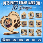 Pets Photo Frame 2 Laser Cut Files | Dog Cat Memorial Picture Frame SVG | Pet Photo Holder CNC Template | Animal Paw Frame Digital Download DXF PNG PDF EPS