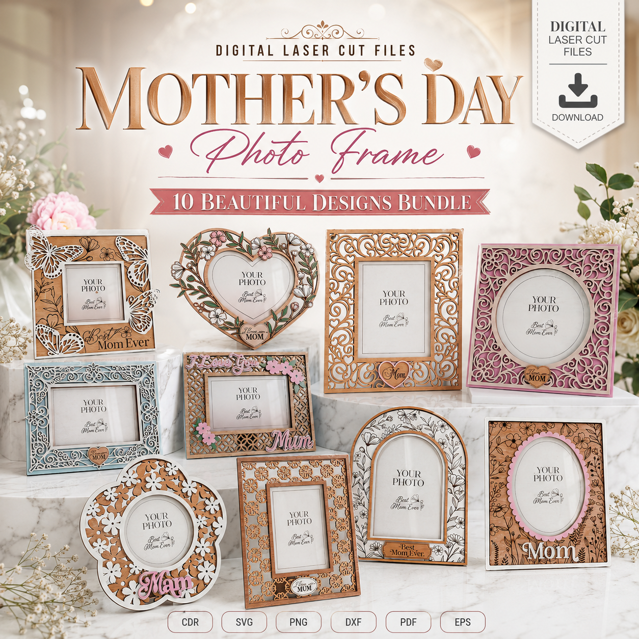 1 Mother's Day Picture Frame SVG Bundle, Laser Cut Photo Holder Files, Pe - Image 1