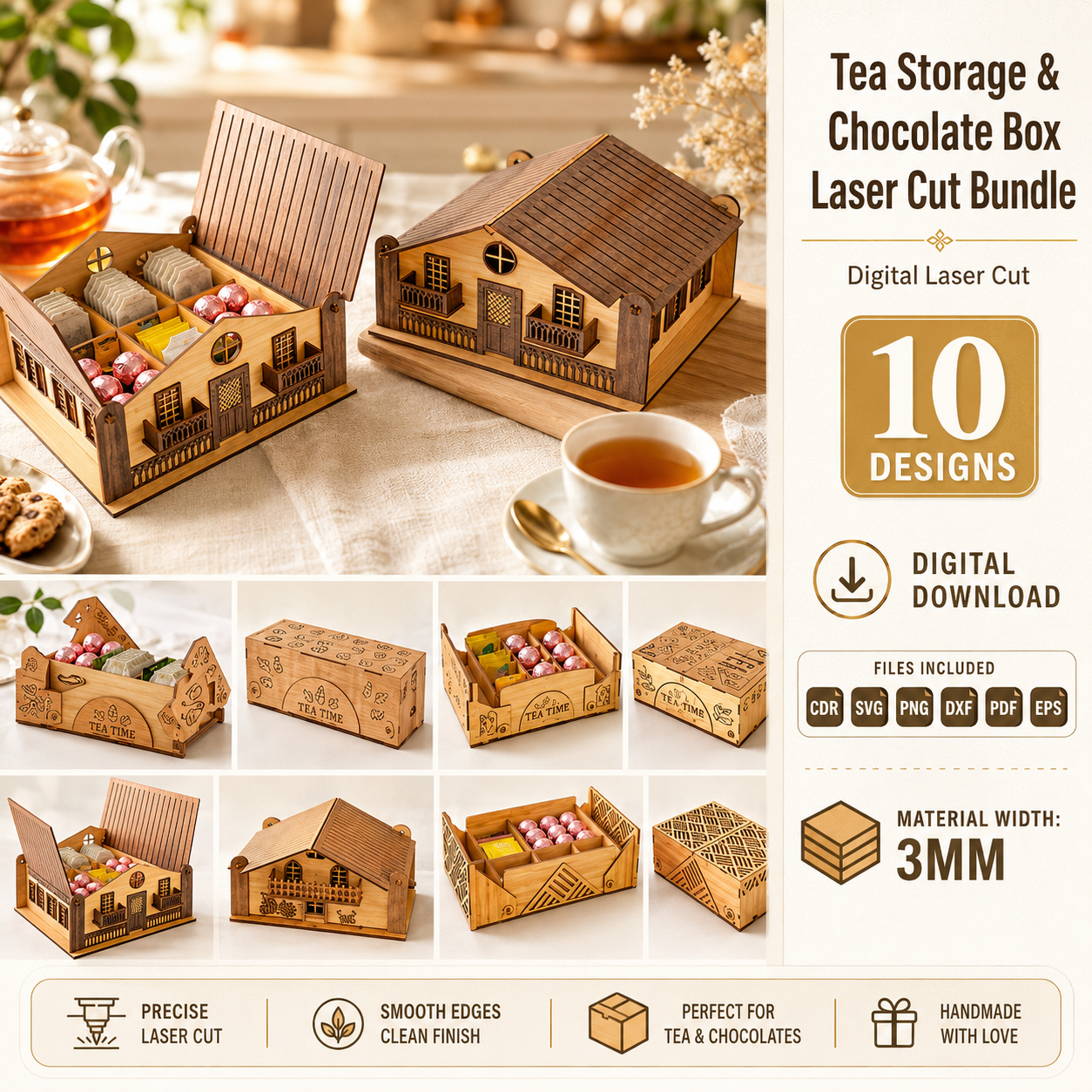 1 Tea Storage and Chocolate Box Laser Cut SVG | Wooden Tea Bag Organizer | Chocolate Gift Box CNC File | Digital Download DXF EPS PDF PNG - Image 1