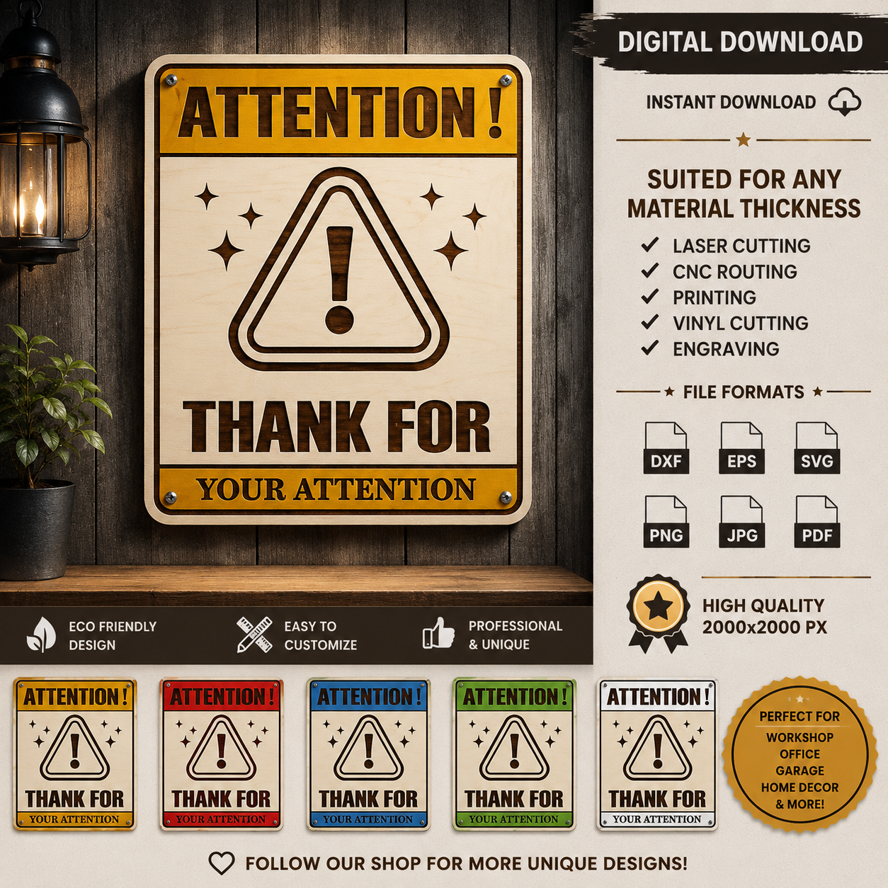 1 Attention Thank You Sign SVG File, Laser Cut Sign, CNC Wood Sign, Workshop Wall Decor, DXF PNG EPS PDF - Image 1