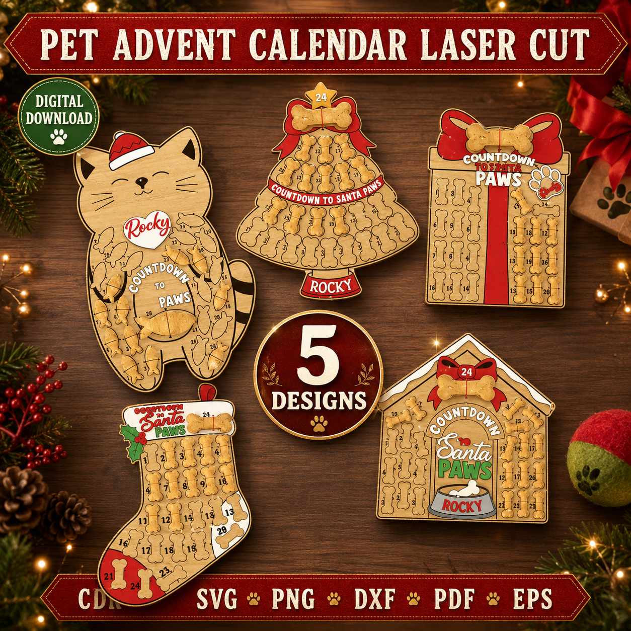 1 Dog Advent Calendar Laser Cut File | Christmas Pet Treat Countdown Box SVG DXF PDF | Wooden Puppy Holiday Calendar CNC Digital Download - Image 1