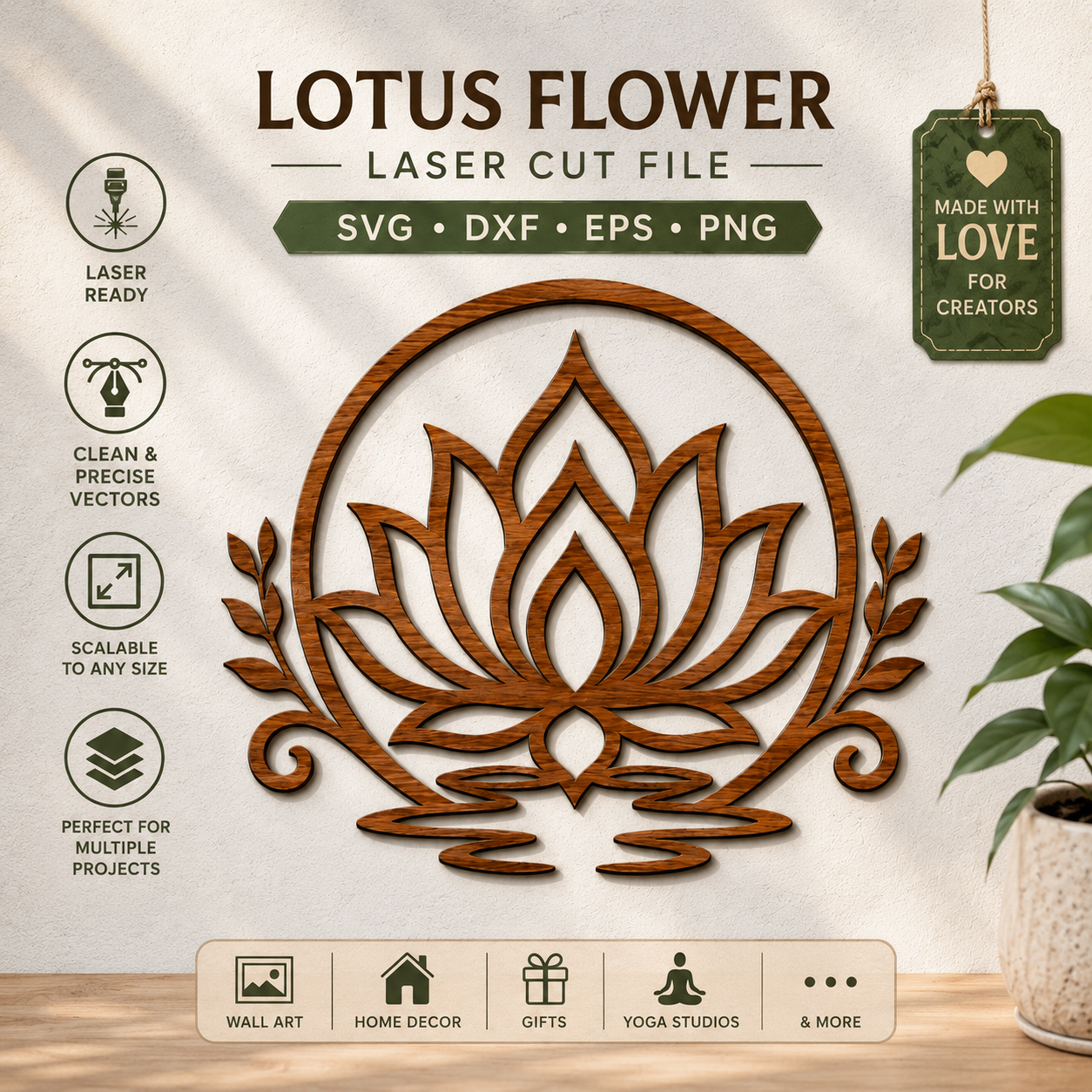 1 Lotus Flower Laser Cut File | Mandala Wall Decor SVG | DXF EPS PNG AI PDF | CNC Wood Cut | Glowforge Cricut LightBurn | Digital Download - Image 1