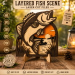 Layered Bass Fishing Laser Cut Files | 3D Wooden Fish Scene SVG | AI EPS DXF PDF DWG | CNC Glowforge LightBurn Cricut Template