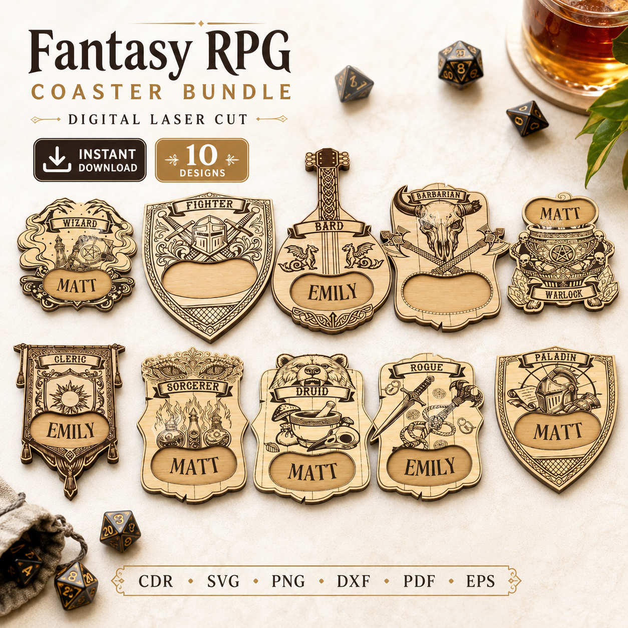 1 DND Dice Coasters SVG, Laser Cut Drink Coaster Template, Board Game Gift Digital File DXF PDF - Image 1