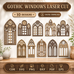 Gothic Windows Laser Cut SVG Bundle | 10 Cathedral Window Designs | Gothic Arch Wall Decor Files | Church Window CNC Pattern | CDR DXF PDF EPS PNG
