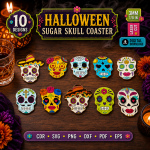 Halloween Sugar Skull Coaster SVG, Day of the Dead Coaster Laser Cut File, Skull Drink Coaster DXF, Halloween Decor Digital Download