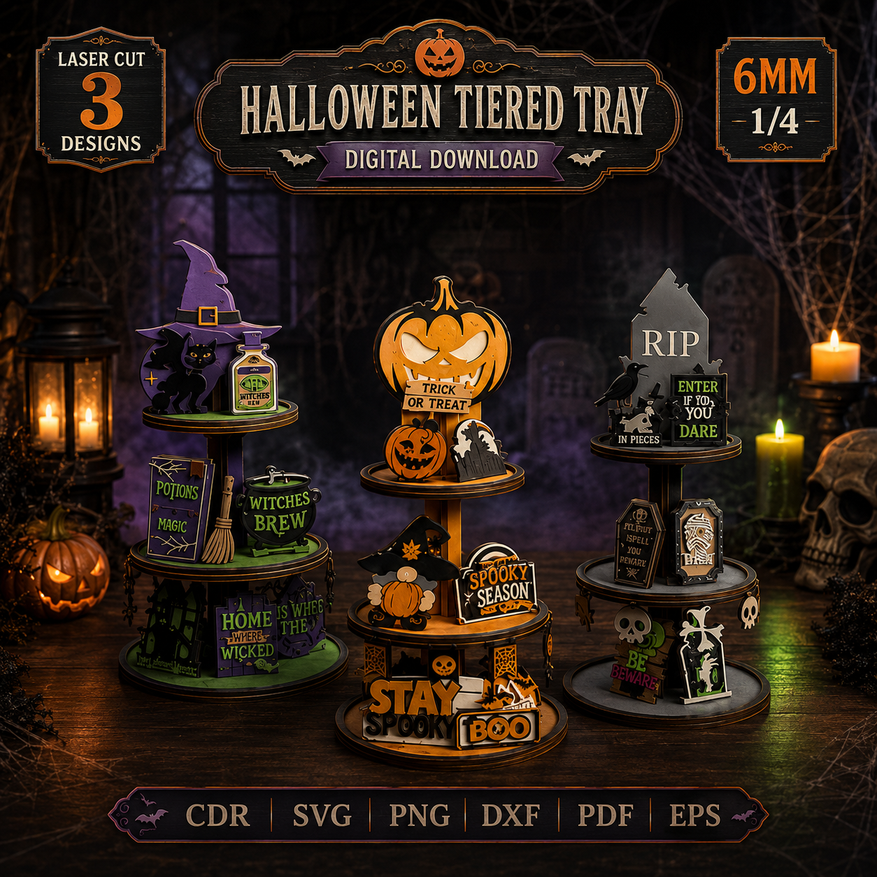 1 Halloween Tiered Tray Decor Laser Cut File, Pumpkin Ghost Bat SVG DXF, Spooky Shelf Signs CNC Pattern, Halloween Digital Download - Image 1