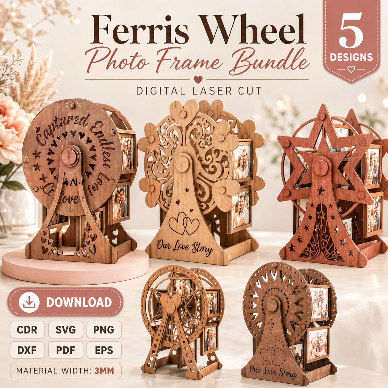 1 Ferris Wheel Picture Frame SVG Bundle, Laser Cut Photo Holder Template, DIY Family Keepsake - Image 1