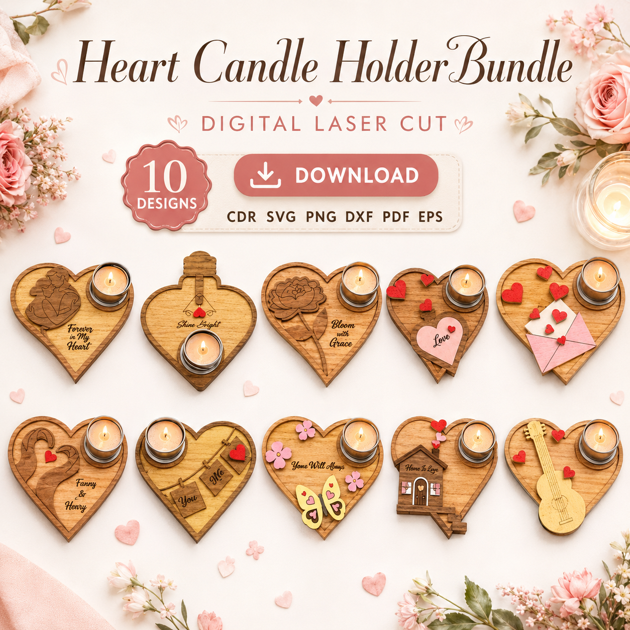 1 Heart Candle Holder Laser Cut Files, SVG DXF PDF Bundle, Romantic Gift Template, Instant Download - Image 1