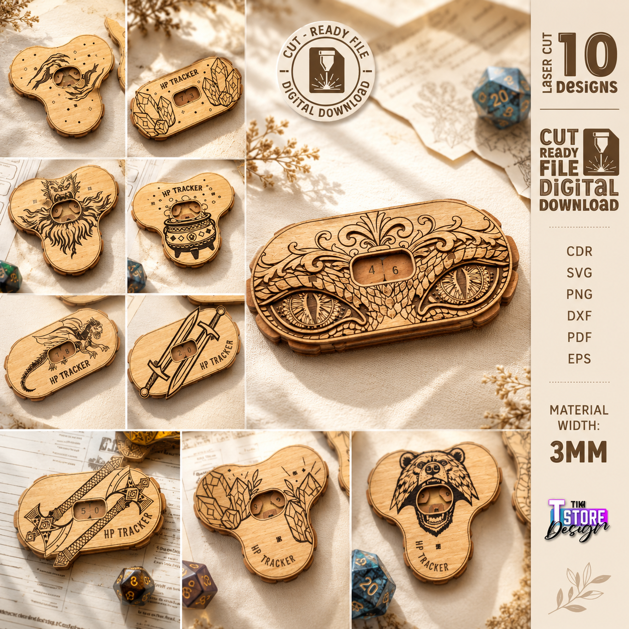 1 HP Tracker Laser Cut File, Health Point Counter SVG, DnD Game Accessory, Tabletop RPG Tracker, Digital Download DXF PDF EPS PNG - Image 1