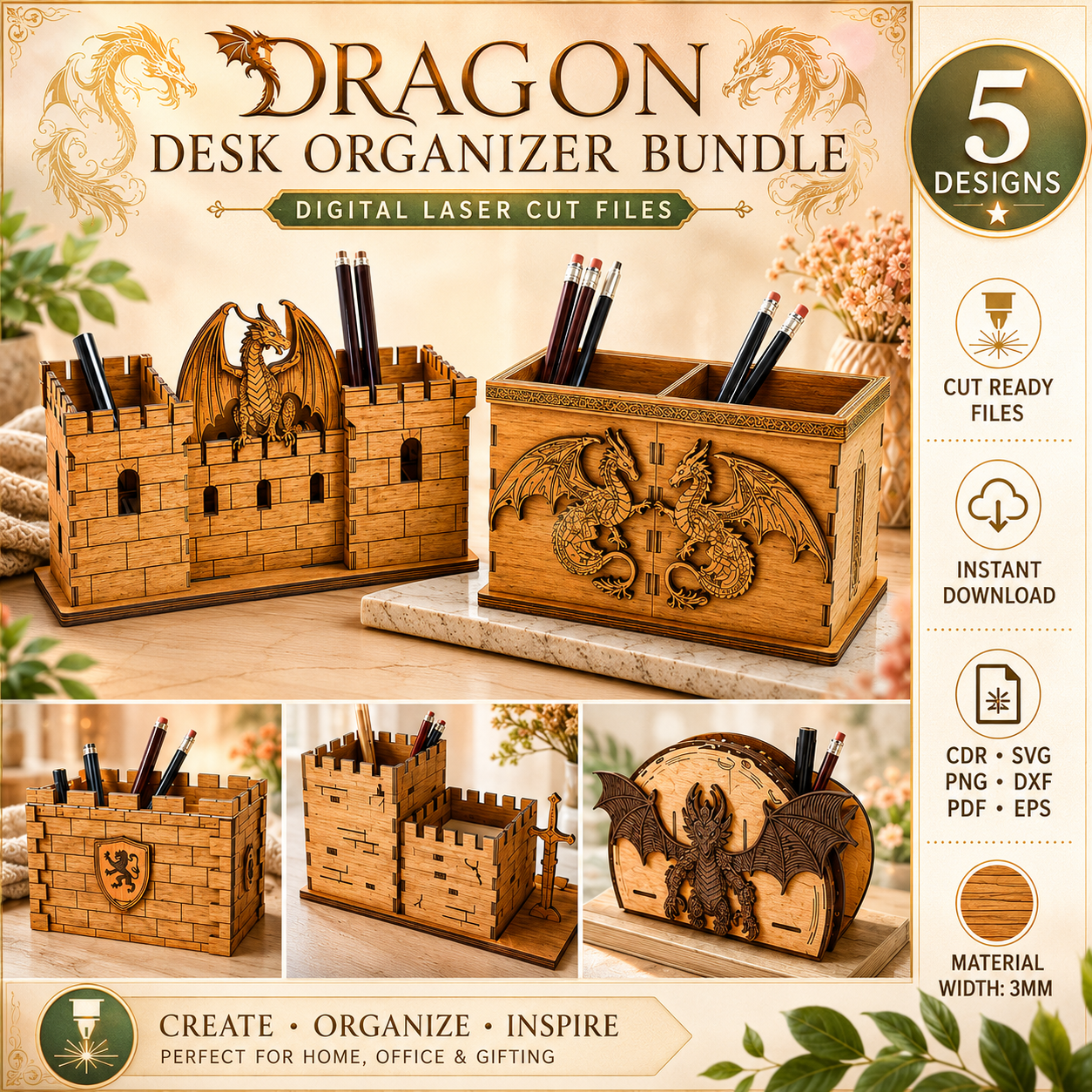 1 Dragon Desk Organizer Laser Cut File, Fantasy Desk Storage SVG, Wooden Pencil Holder DXF PDF EPS PNG, Digital Download - Image 1