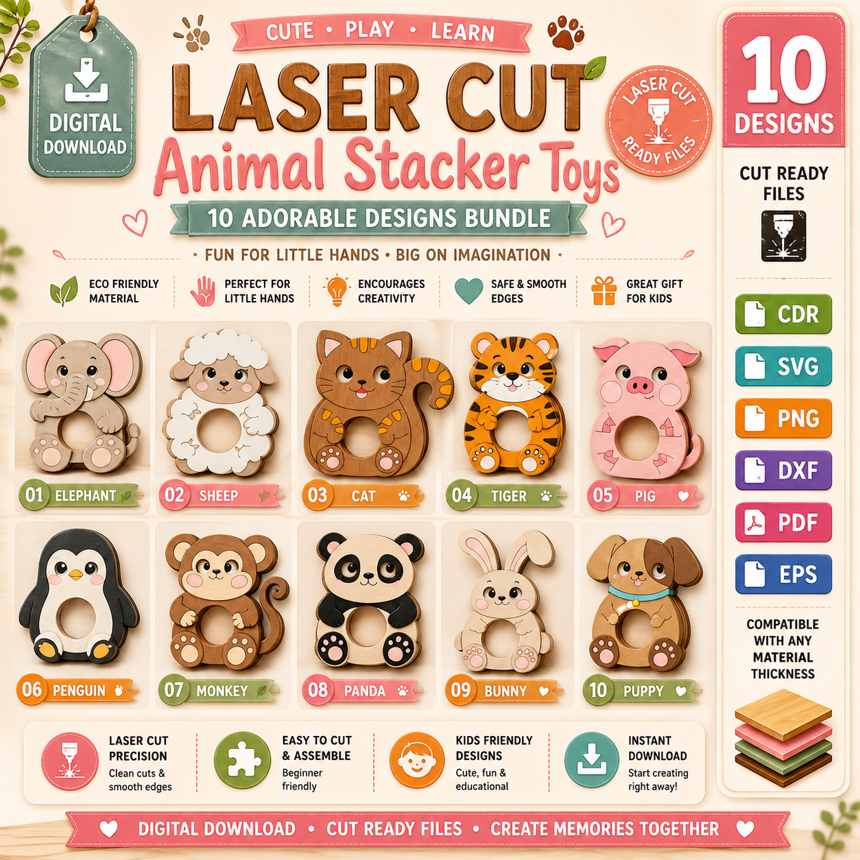 10f3f800-39d5-4f71-b1a4-06454b280bf4 Wooden Animal Toy Laser Cut Bundle, Montessori Animal Puzzle SVG, Kids Rolling Toy CNC Template, DXF PDF EPS - Image 1