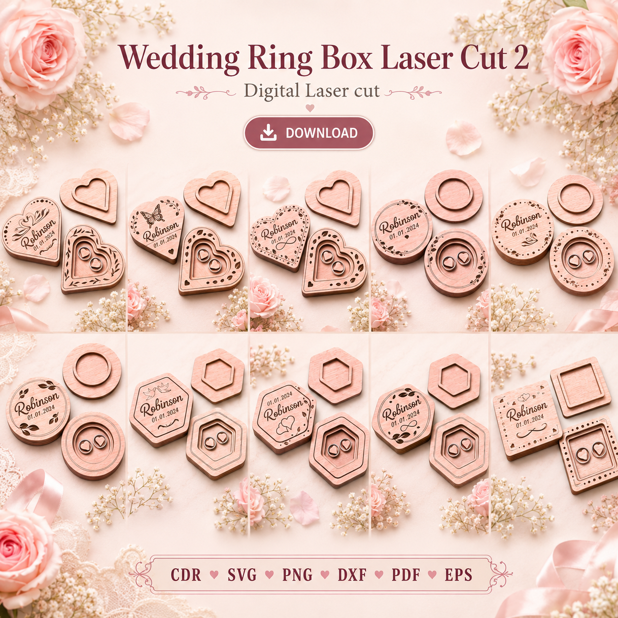 11 Wedding Ring Box 2 Laser Cut File | Ring Bearer Box SVG | Digital Download - Image 1