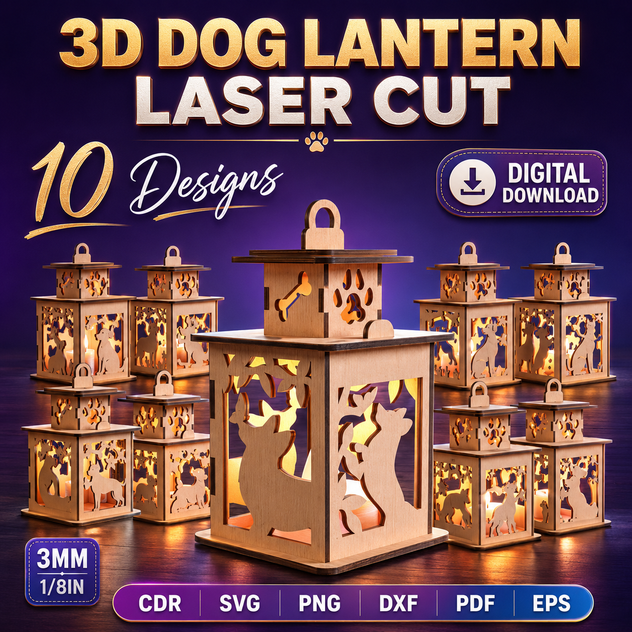 11 3D Dog Lantern Laser Cut SVG | Wooden Puppy Lamp Files | Pet Night Light CNC Template | Dog Lover Gift DXF EPS PDF Download - Image 1