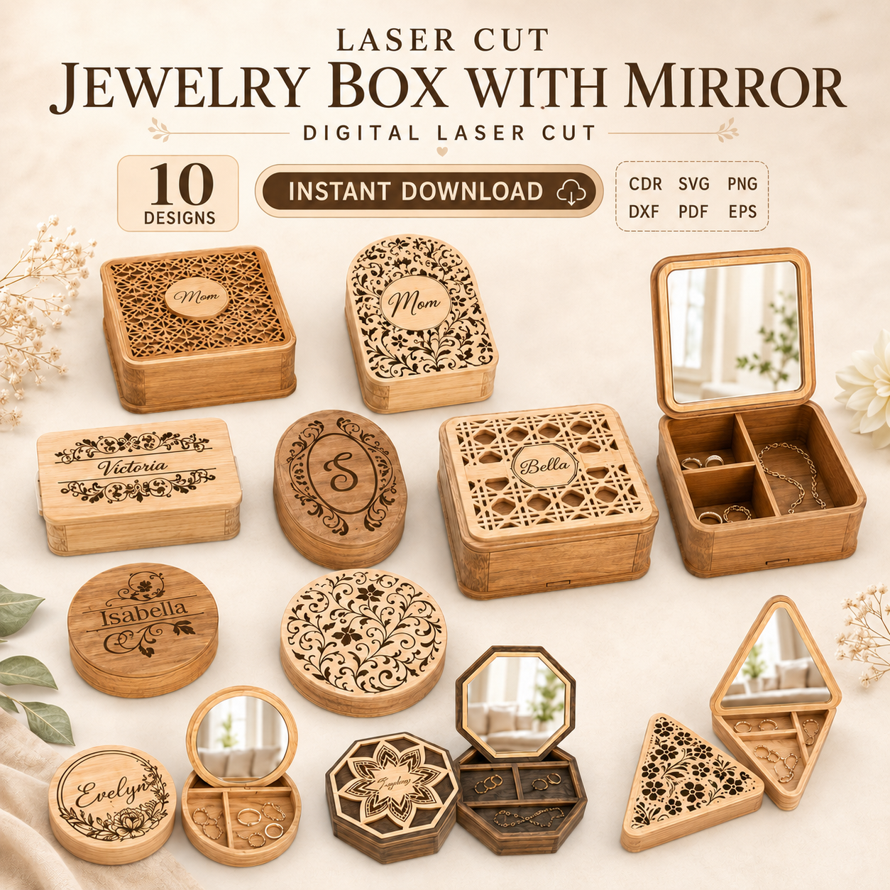 11 Jewelry Box Laser Cut Files, SVG DXF PDF Bundle, Wooden Mirror Organizer, Instant Download - Image 1
