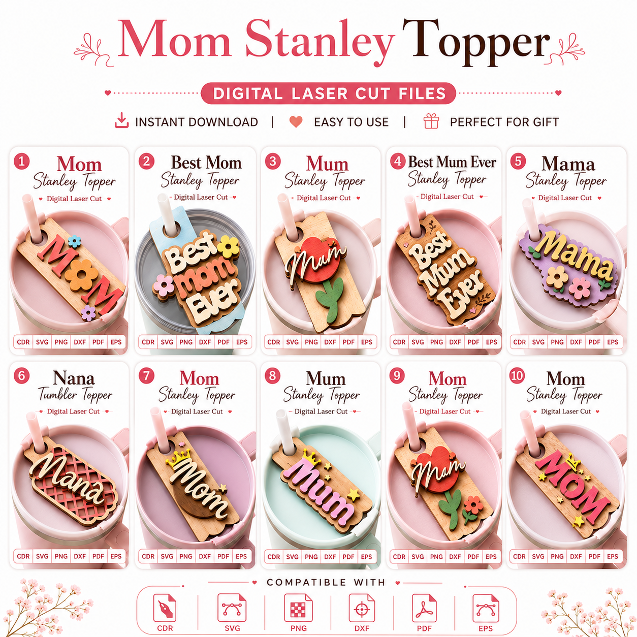 11 Mom Cup Topper SVG Bundle, Stanley Tumbler Topper Laser Cut Files, Gift for Mom Template - Image 1
