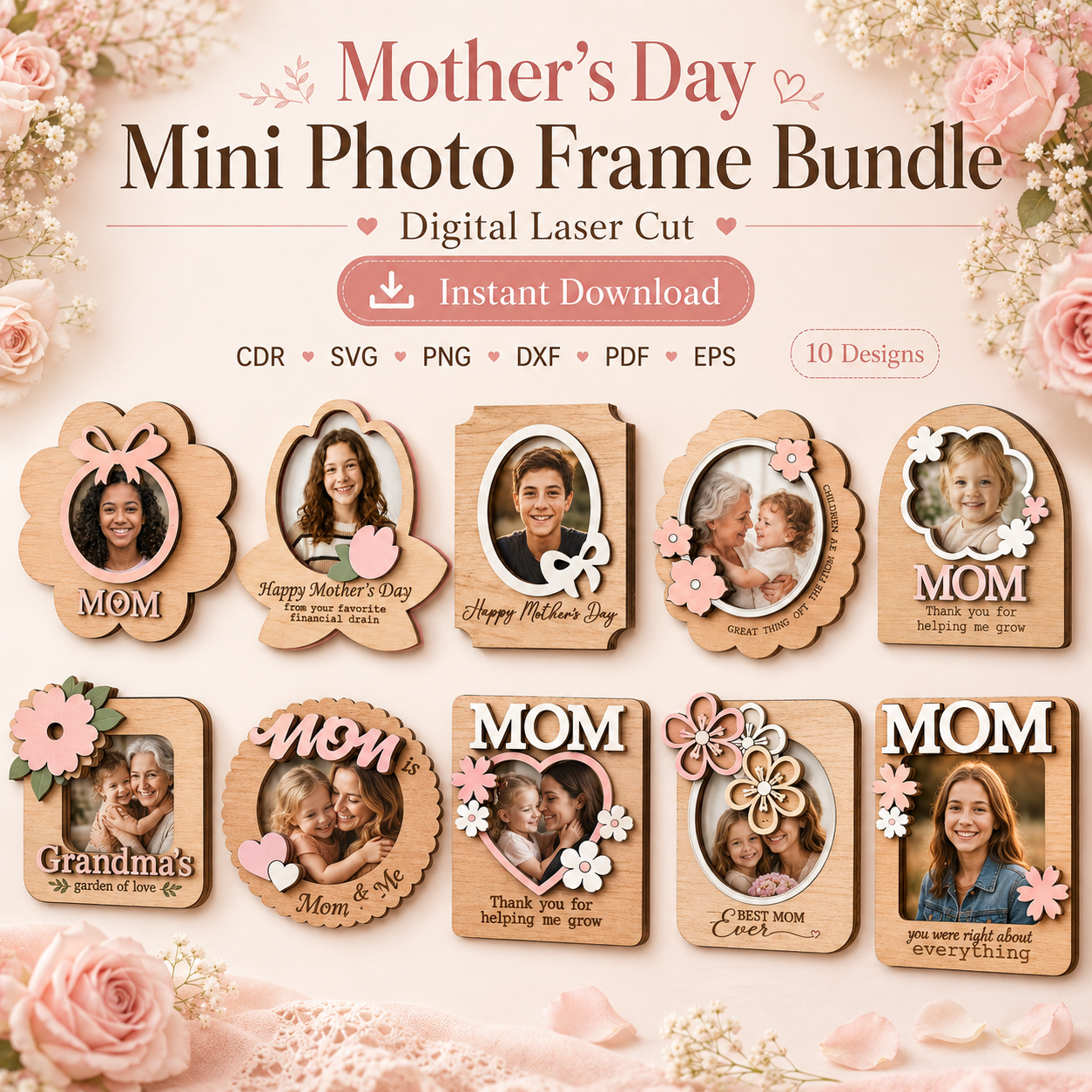 11 Mini Photo Frame SVG Bundle, Mother's Day Gift Template, Laser Cut Keepsake Frame Files - Image 1