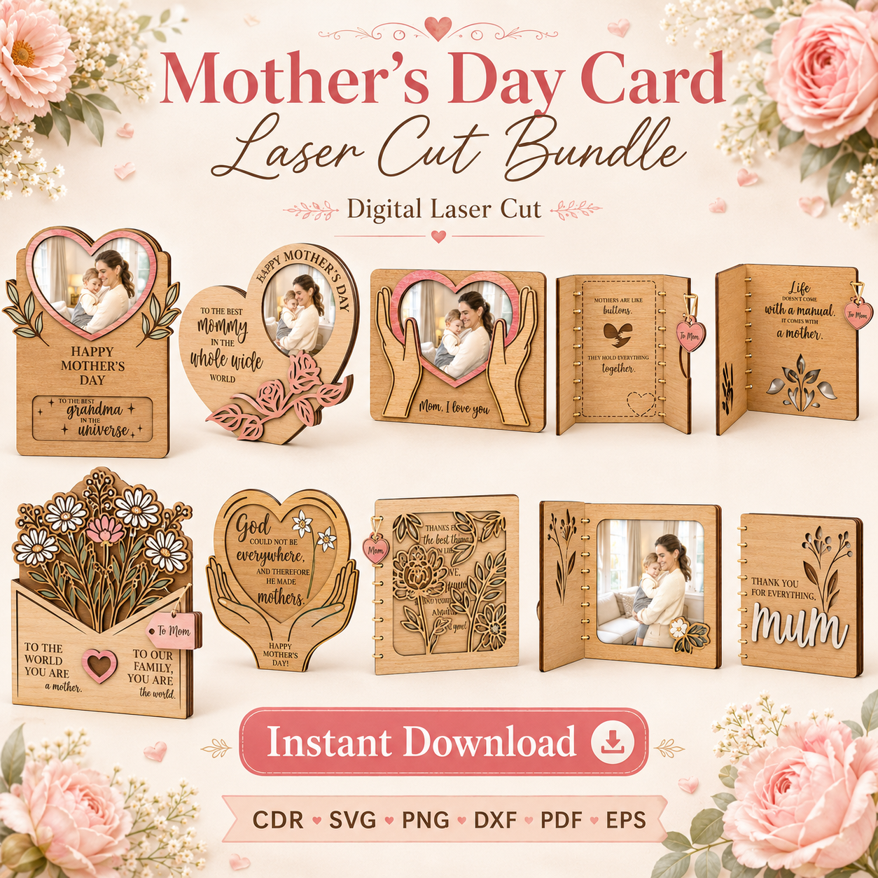11 Mother's Day Card Laser Cut Files, SVG DXF PDF Bundle, Handmade Greeting Card Template - Image 1