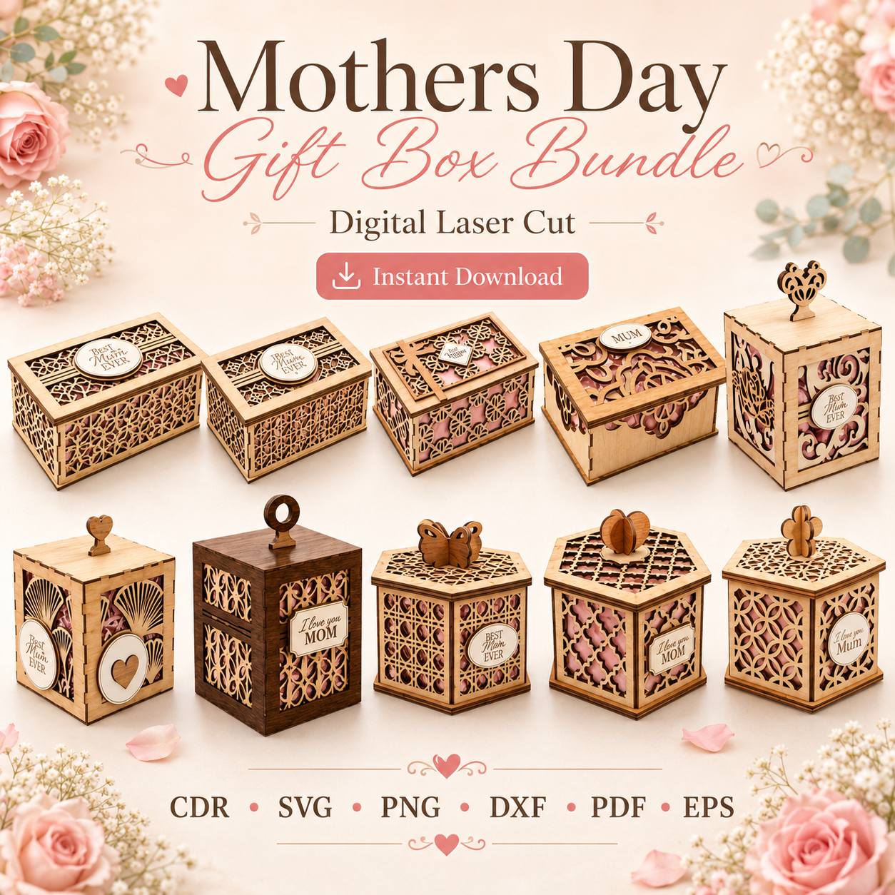 11 Mother's Day Gift Box Bundle SVG, Laser Cut Keepsake Box Template, DIY Gift for Mom - Image 1