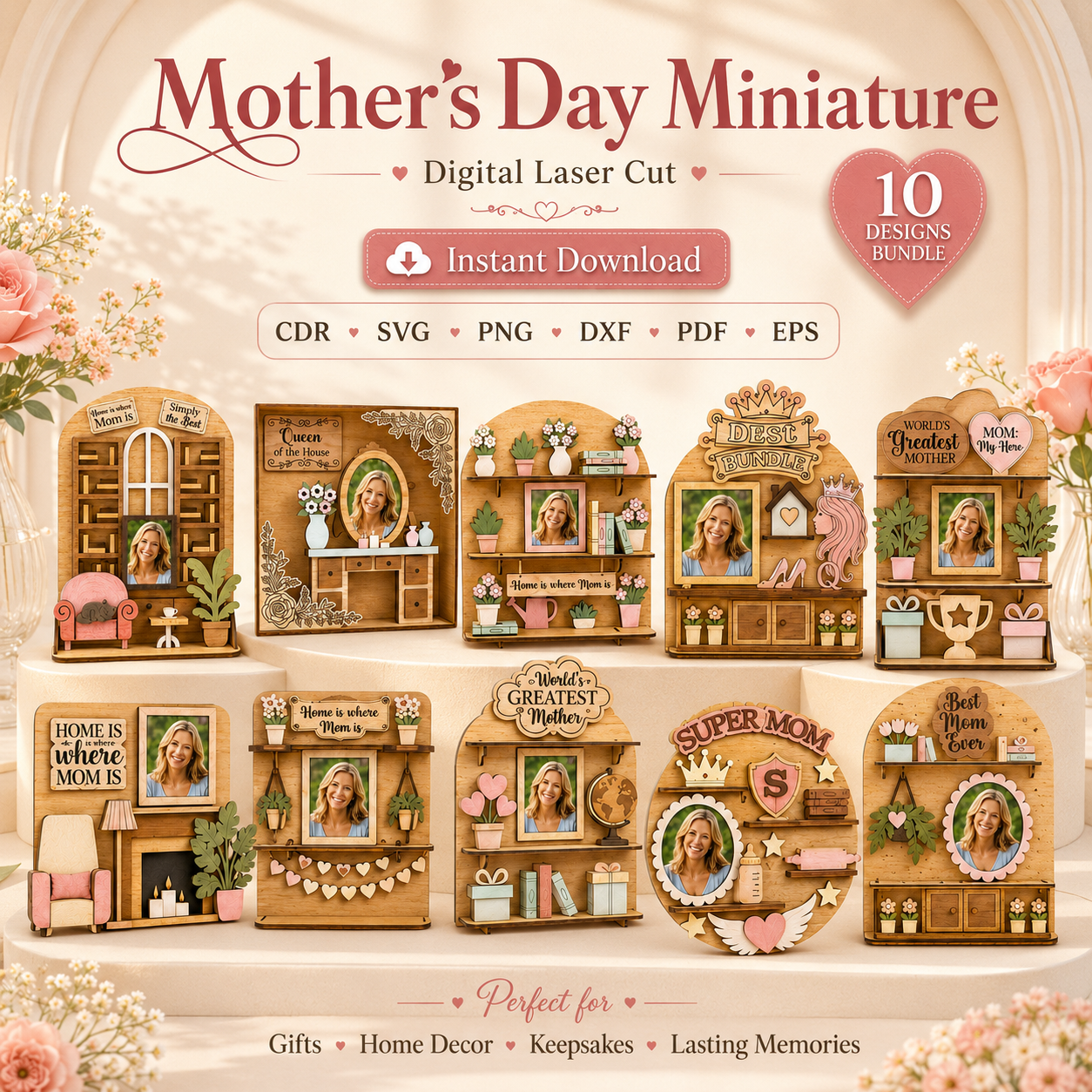 11 Miniature Mother's Day Laser Cut Files, SVG DXF PDF Bundle, Handmade Gift Decor Download - Image 1