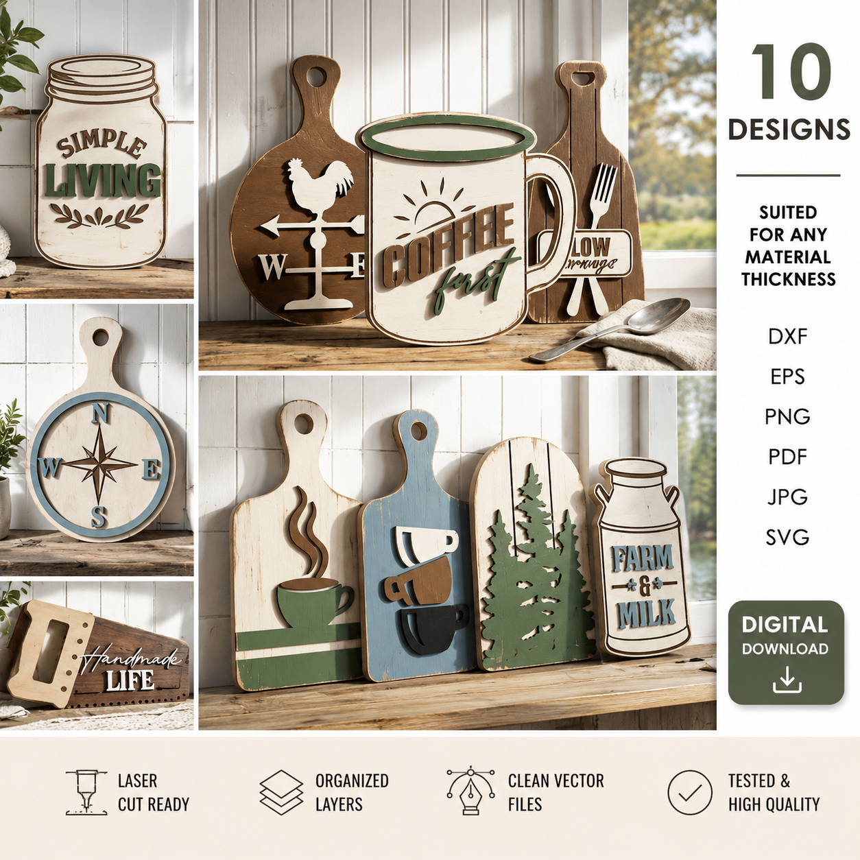 11 3D Rustic Kitchen Cutting Boards Bundle Laser Cut Files | Farmhouse Cutting Board SVG | Kitchen Decor CNC Template | Wood Board DXF PDF EPS - Image 1