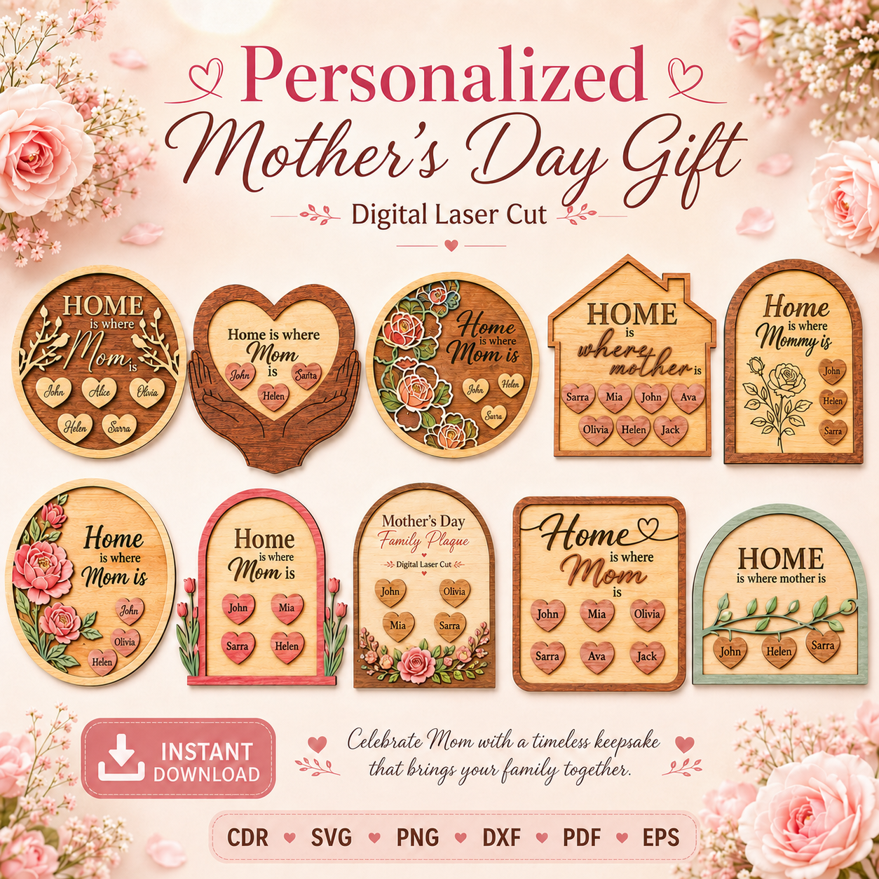 11 Mother's Day Gift for Mom | Personalized Wooden Sign Laser Cut File | Instant Download - Image 1