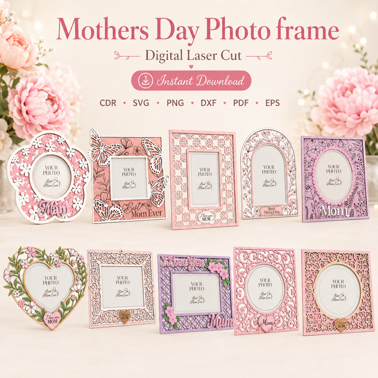 11 Mother's Day Photo Frame SVG | Mom Picture Frame Laser Cut File | Mother's Day Gift Template | CDR SVG PNG DXF PDF EPS | Digital Download - Image 1