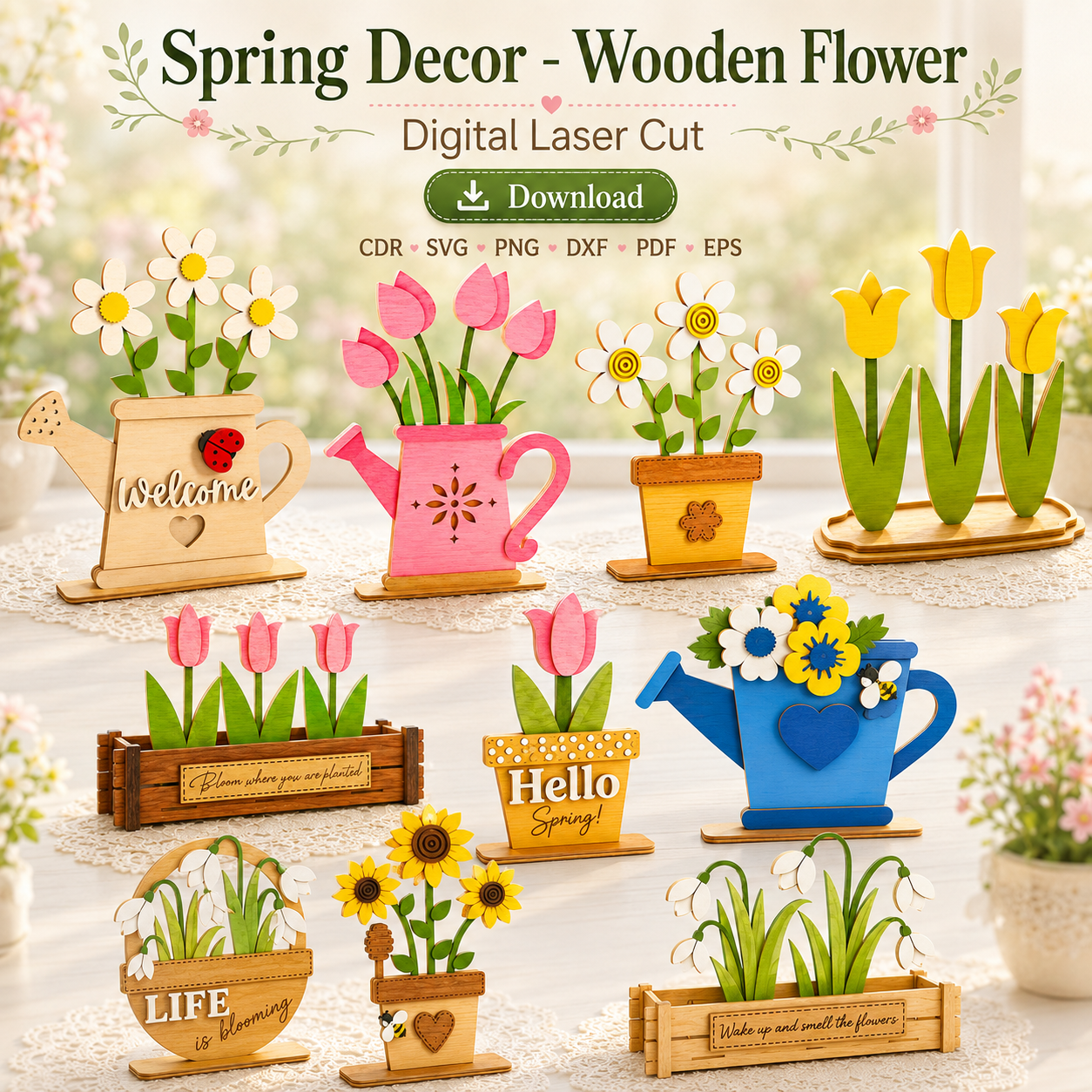 11 Spring Floral Decor Laser Cut File | Wooden Flower SVG | Farmhouse Decoration | Digital Download - Image 1