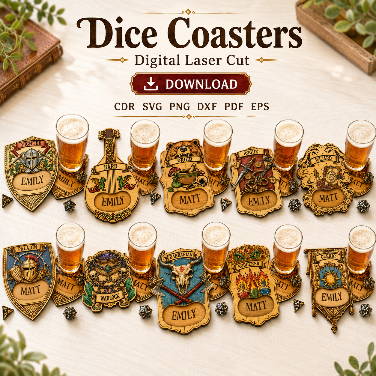 11 Dice Coaster SVG Bundle | Dungeons and Dragons Coasters Laser Cut File | Digital Download - Image 1