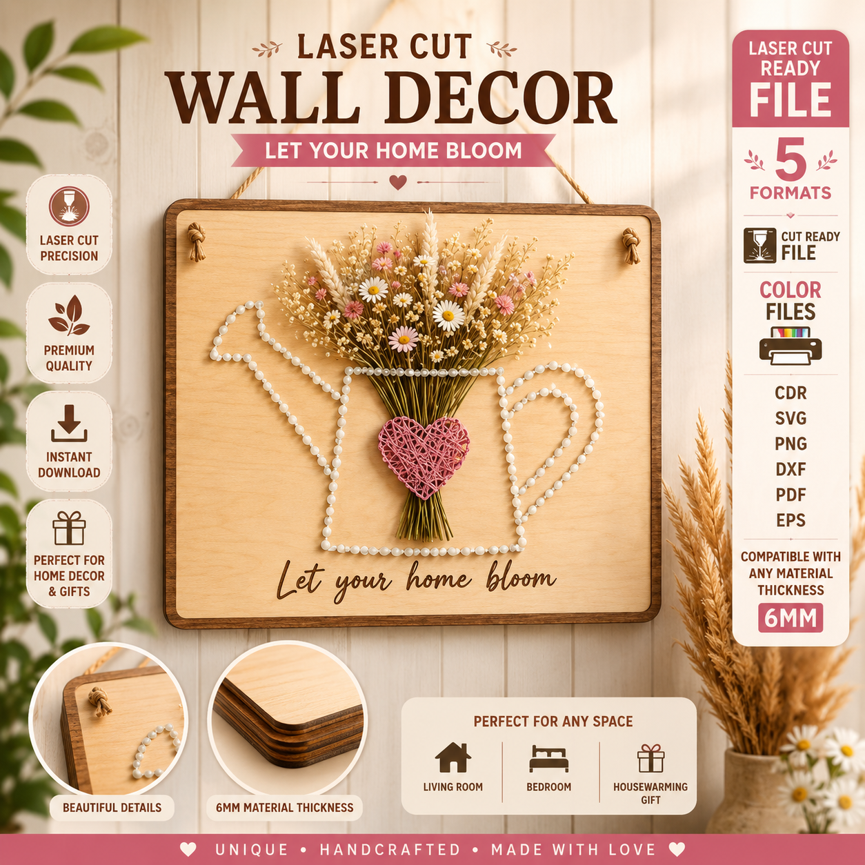 12c96891-f947-48bd-8658-44ca6a49536d DIY String Art Wall Vase Laser Cut Files, CNC SVG DXF Bundle, Wooden Wall Decor, Floral String Art Template, Glowforge Design - Image 1