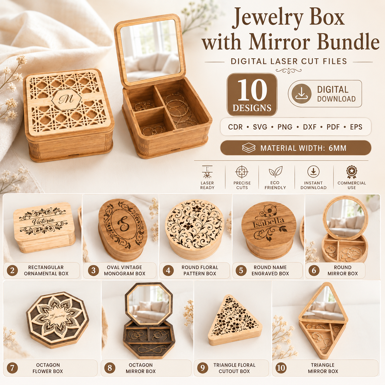17 Jewelry Box with Mirror Laser Cut Bundle, Wooden Vanity Organizer SVG, 3D Makeup Storage Box DXF, CNC Laser Cut Files - Image 1