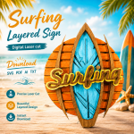 Surfboard SVG 3D Layered Beach Silhouette, Summer Ocean Cut File