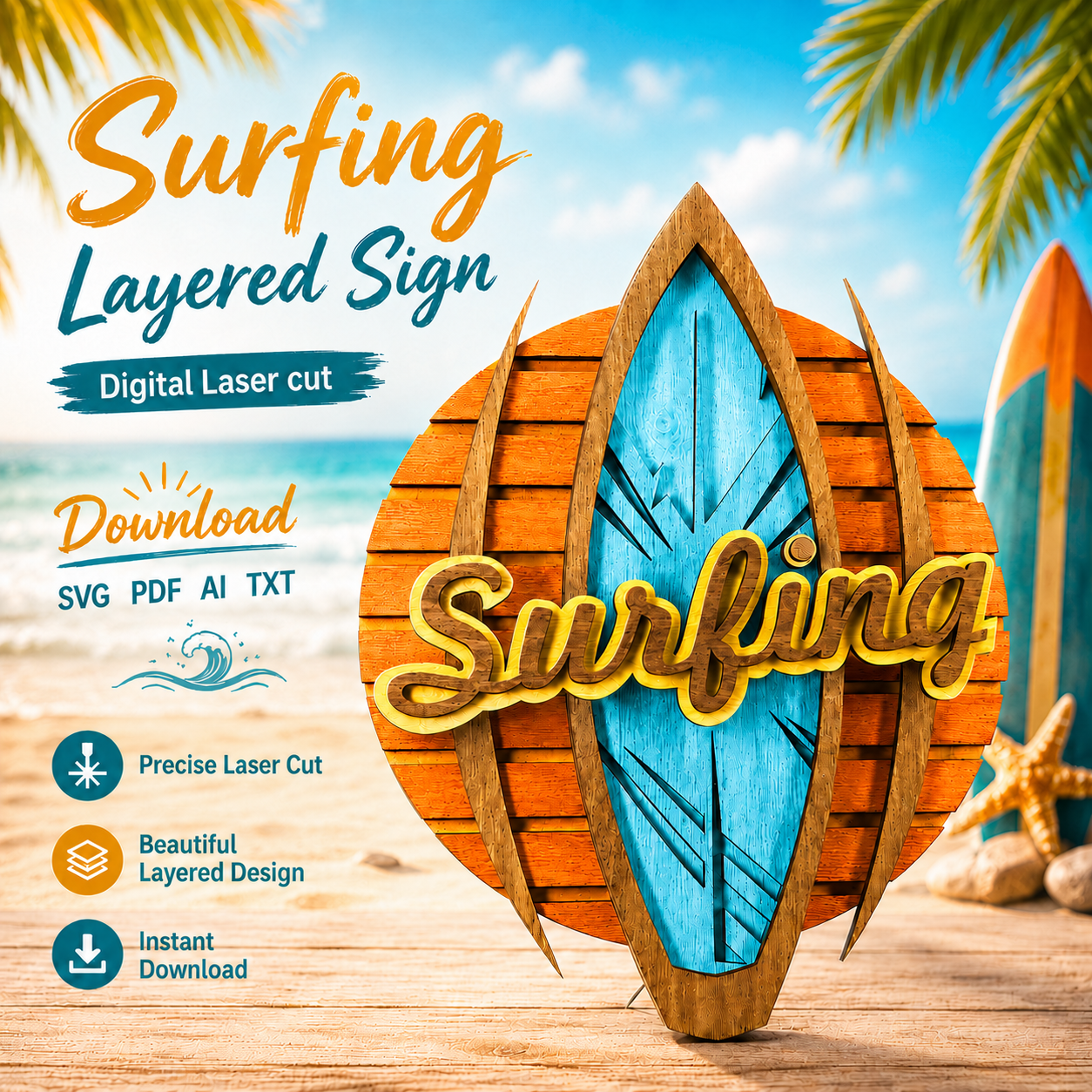 1ab4385c-cc53-44c3-9d9f-6b3fa90344d9 Surfboard SVG 3D Layered Beach Silhouette, Summer Ocean Cut File - Image 1