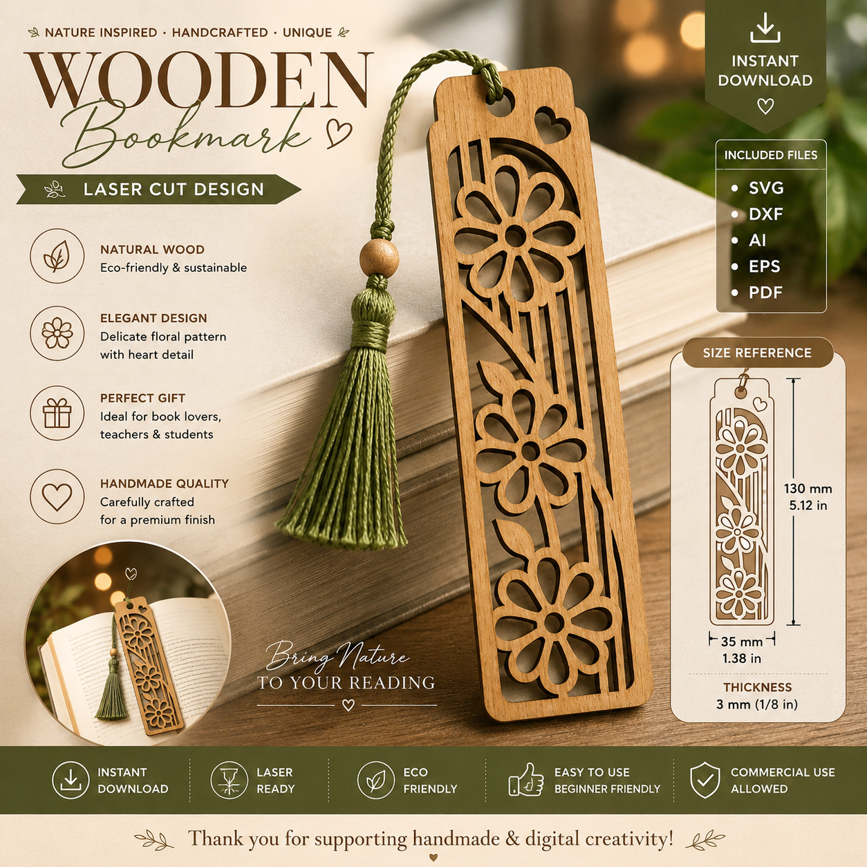 1f19ff08-9995-4de8-966b-271445a0703d Floral Wooden Bookmark Laser Cut File | SVG DXF AI EPS PDF | Glowforge Bookmark Design | Instant Download - Image 1