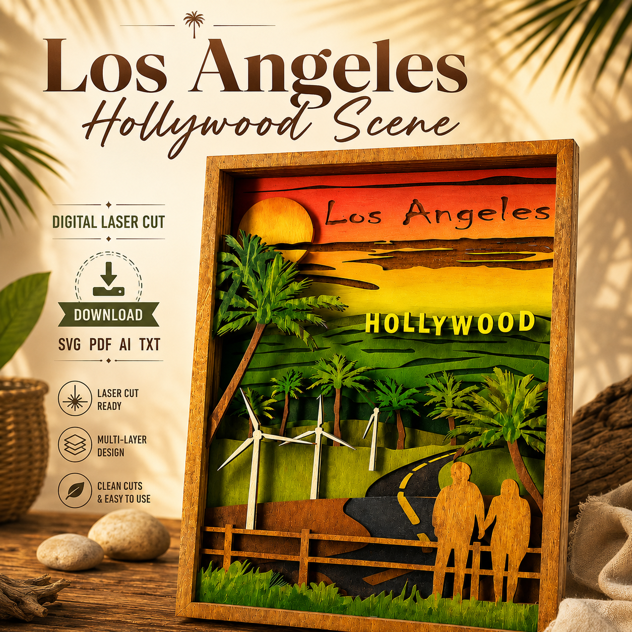 1fe8af71-574b-4de8-890d-7b1a8edf19c9 Hollywood SVG 3D City Skyline, 7 Layer Los Angeles Laser File - Image 1