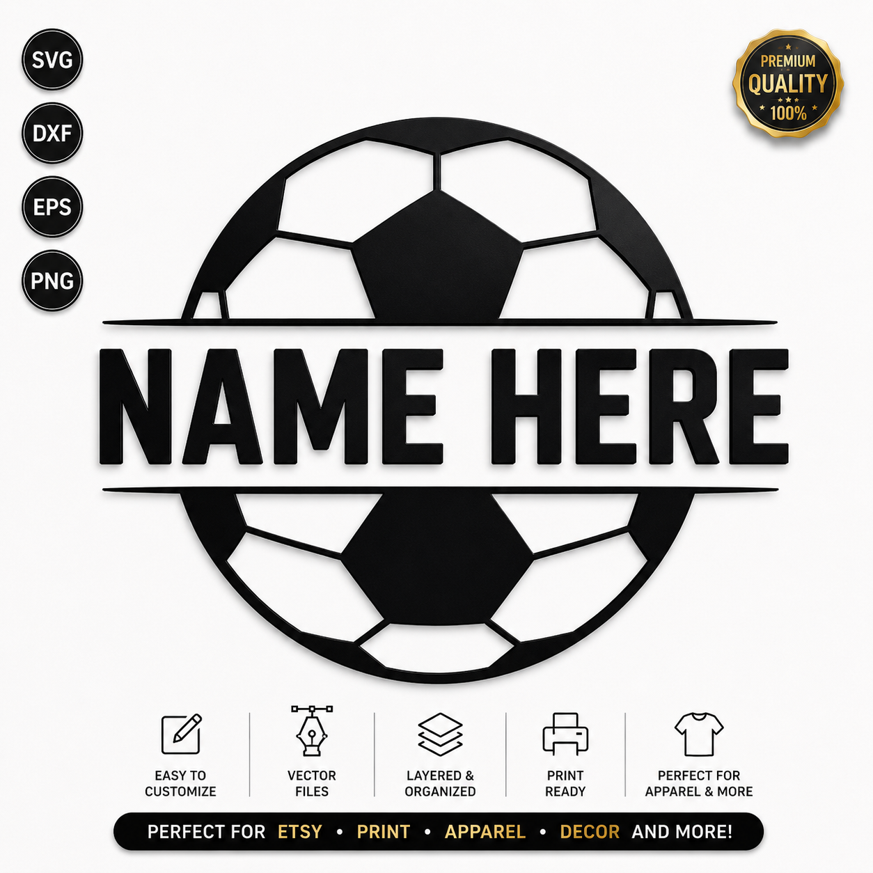 2 Custom Soccer Ball Name SVG, Personalized Football Split Monogram SVG, Cricut Cut File, Laser Cut DXF PNG EPS - Image 1