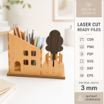 Village Desk Organizer Laser Cut Bundle, Wooden Office Storage SVG, Pencil Holder DXF, Desk Decor CNC Files - Image 2