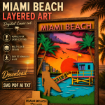 Miami Beach SVG 3D Ocean Landscape, 8 Layers Palm Trees Cut File