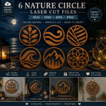 Nature Circle Laser Cut Bundle SVG | 6 Wooden Ornament Designs | Wave Mountain Leaf Mandala | Glowforge Laser Cut Files