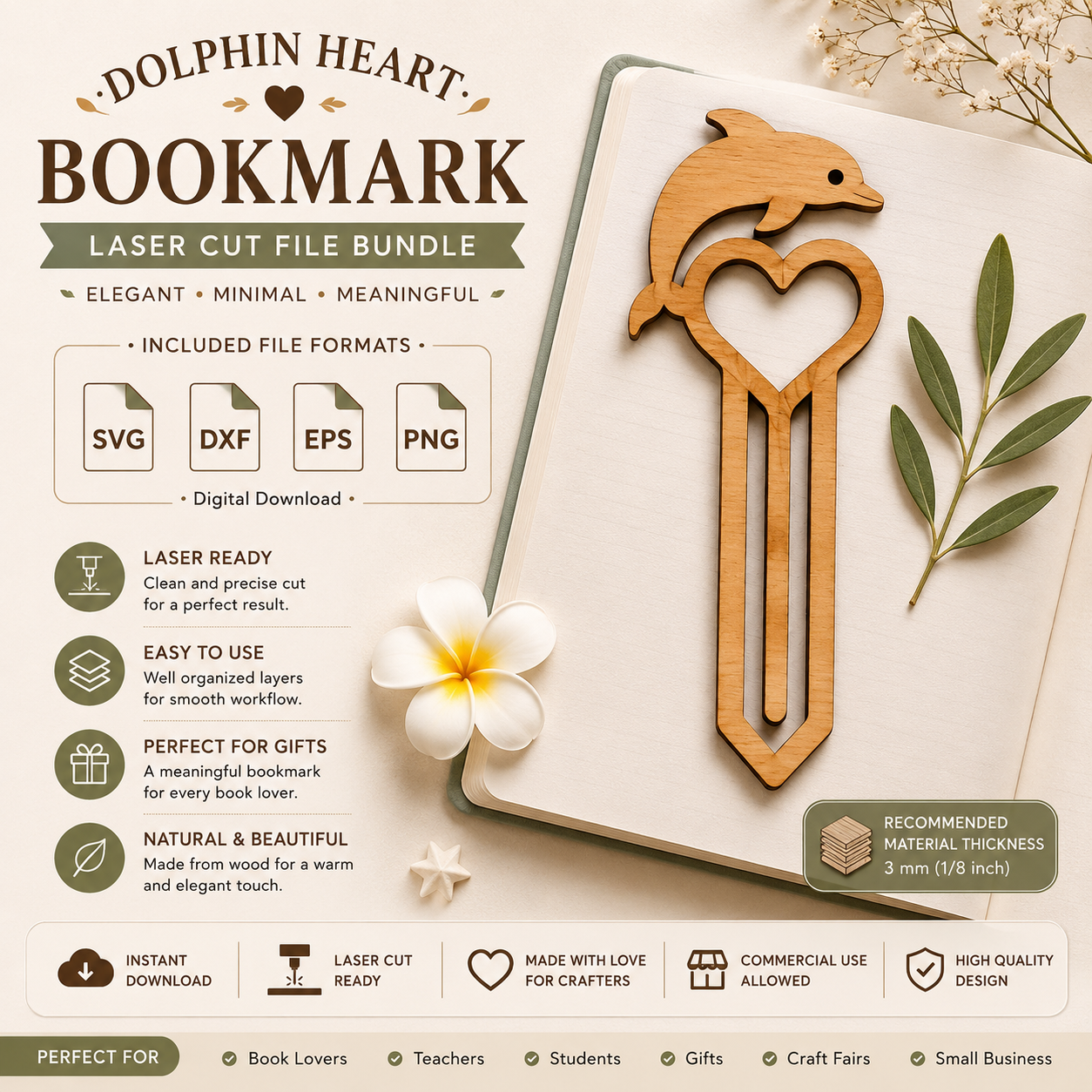 2ce092df-0d3a-445e-bfe2-6a2d58bdccca Dolphin Heart Bookmark SVG Bundle | Laser Cut Bookmark Files | SVG PNG EPS DXF Digital Download - Image 1
