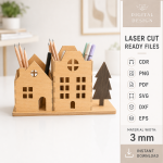 Village Desk Organizer Laser Cut Bundle, Wooden Office Storage SVG, Pencil Holder DXF, Desk Decor CNC Files - Image 3