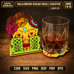Halloween Sugar Skull Coaster SVG, Day of the Dead Coaster Laser Cut File, Skull Drink Coaster DXF, Halloween Decor Digital Download - Image 3